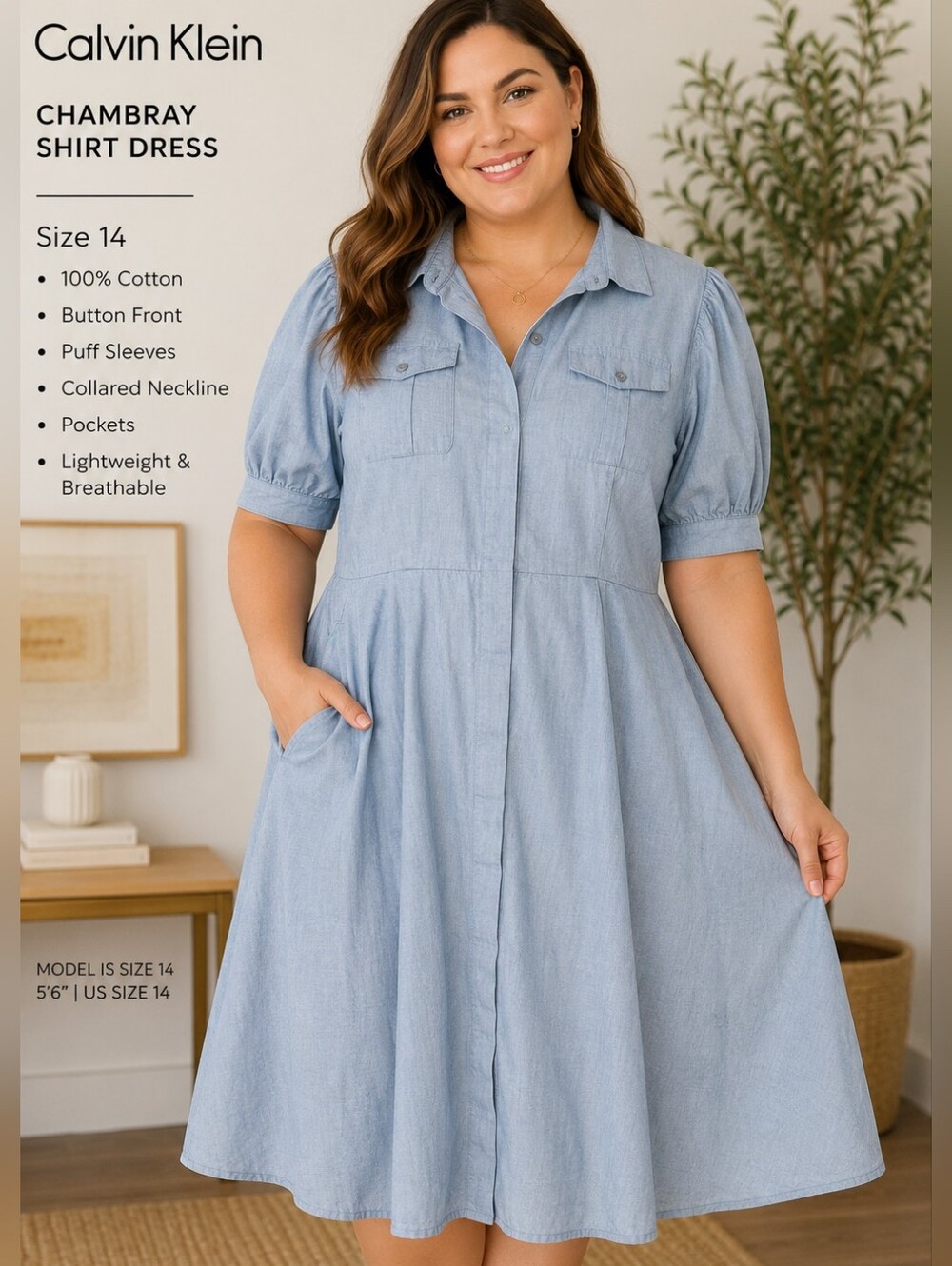 Calvin Klein Light Blue Chambray Midi Shirt Dress